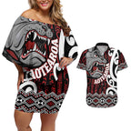 Personalised Aotearoa Bulldog Couples Matching Off Shoulder Short Dress and Hawaiian Shirt New Zealand Maori Taniko Art