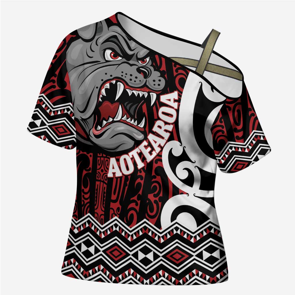 Personalised Aotearoa Bulldog Cross Shoulder Shirt New Zealand Maori Taniko Art - Aussie Hoodie
