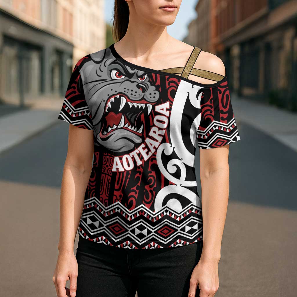 Personalised Aotearoa Bulldog Cross Shoulder Shirt New Zealand Maori Taniko Art - Aussie Hoodie