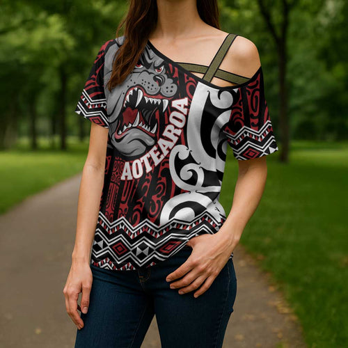 Personalised Aotearoa Bulldog Cross Shoulder Shirt New Zealand Maori Taniko Art - Aussie Hoodie