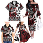 Personalised Aotearoa Bulldog Family Matching Off The Shoulder Long Sleeve Dress and Hawaiian Shirt New Zealand Maori Taniko Art