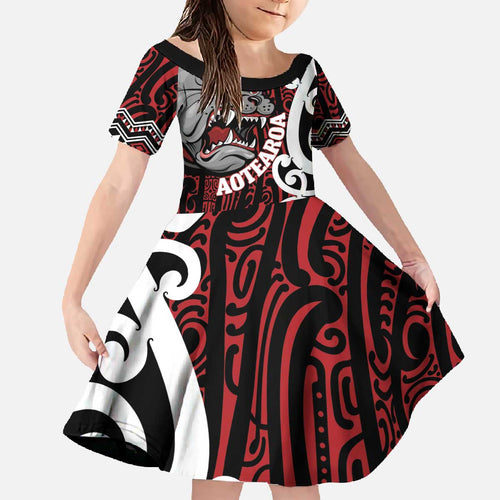 Personalised Aotearoa Bulldog Family Matching Off The Shoulder Long Sleeve Dress and Hawaiian Shirt New Zealand Maori Taniko Art