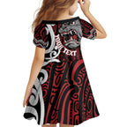 Personalised Aotearoa Bulldog Family Matching Off The Shoulder Long Sleeve Dress and Hawaiian Shirt New Zealand Maori Taniko Art