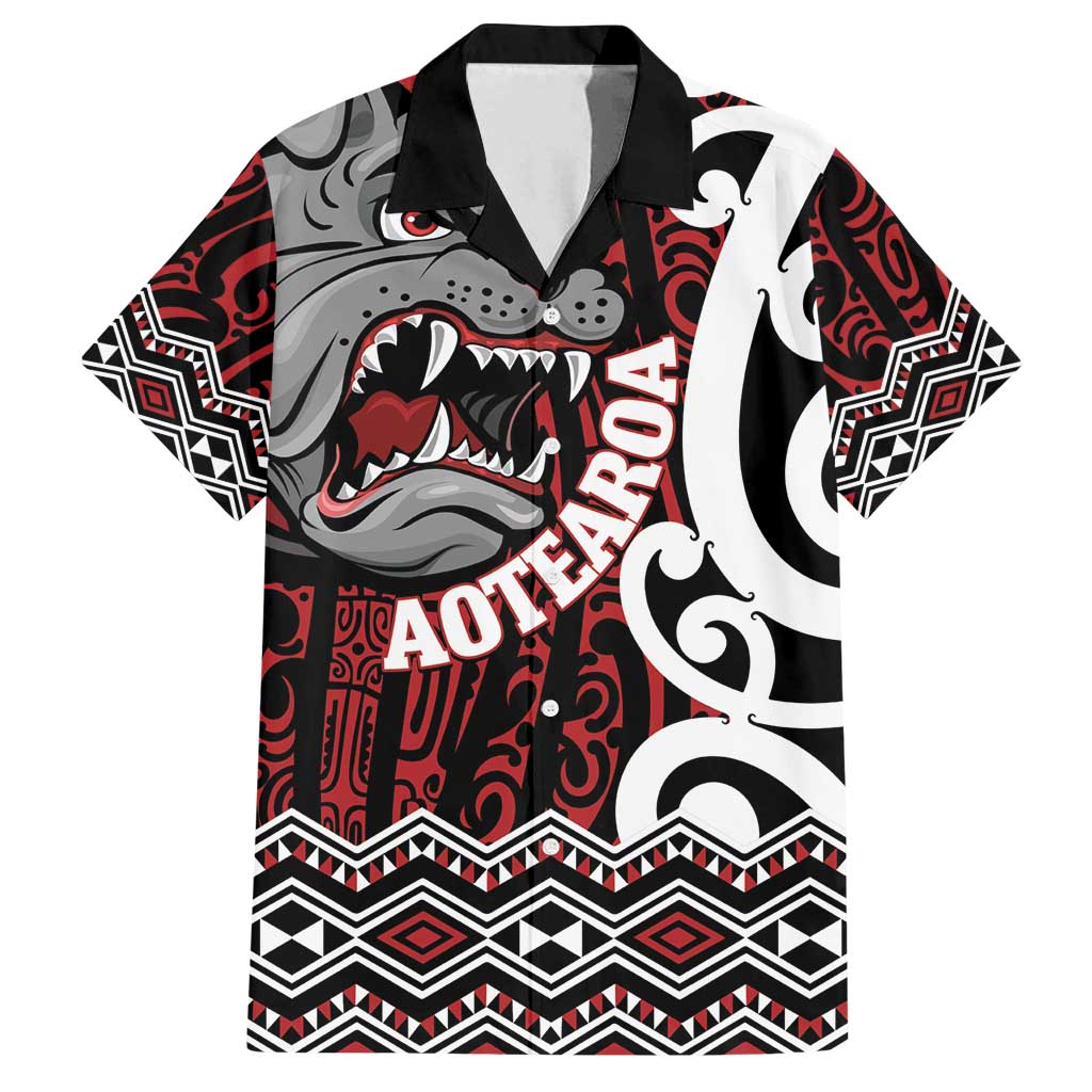 Personalised Aotearoa Bulldog Family Matching Off Shoulder Short Dress and Hawaiian Shirt New Zealand Maori Taniko Art
