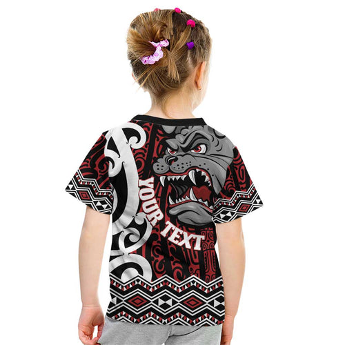 Personalised Aotearoa Bulldog Kid T Shirt New Zealand Maori Taniko Art