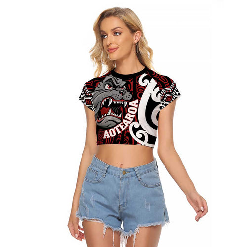 Personalised Aotearoa Bulldog Raglan Cropped T Shirt New Zealand Maori Taniko Art