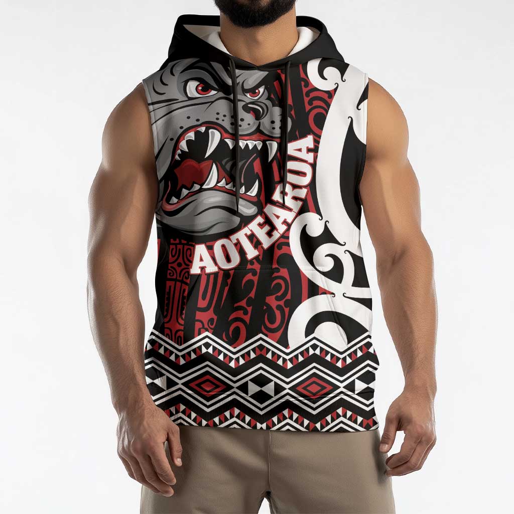 Personalised Aotearoa Bulldog Sleeveless Hoodie New Zealand Maori Taniko Art - Aussie Hoodie