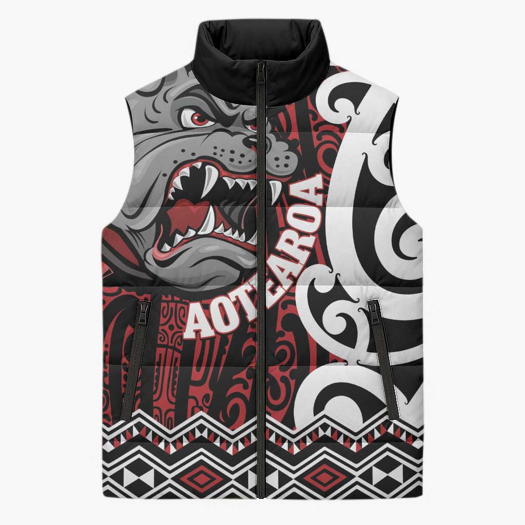 Personalised Aotearoa Bulldog Sleeveless Puffer Jacket New Zealand Maori Taniko Art - Aussie Hoodie