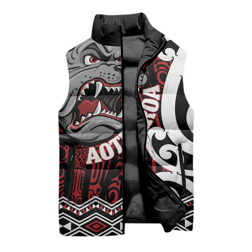 Personalised Aotearoa Bulldog Sleeveless Puffer Jacket New Zealand Maori Taniko Art - Aussie Hoodie