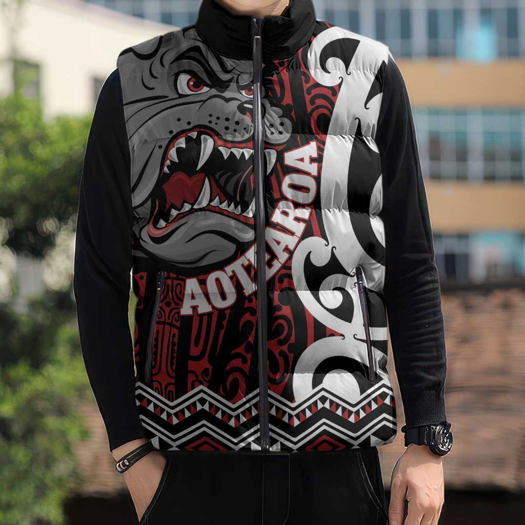 Personalised Aotearoa Bulldog Sleeveless Puffer Jacket New Zealand Maori Taniko Art - Aussie Hoodie