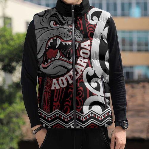 Personalised Aotearoa Bulldog Sleeveless Puffer Jacket New Zealand Maori Taniko Art - Aussie Hoodie