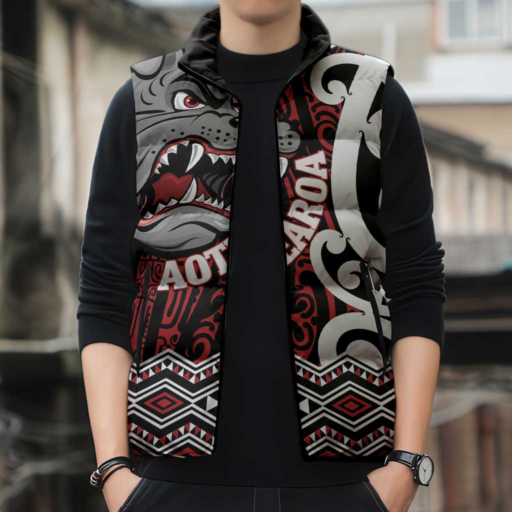 Personalised Aotearoa Bulldog Sleeveless Puffer Jacket New Zealand Maori Taniko Art - Aussie Hoodie