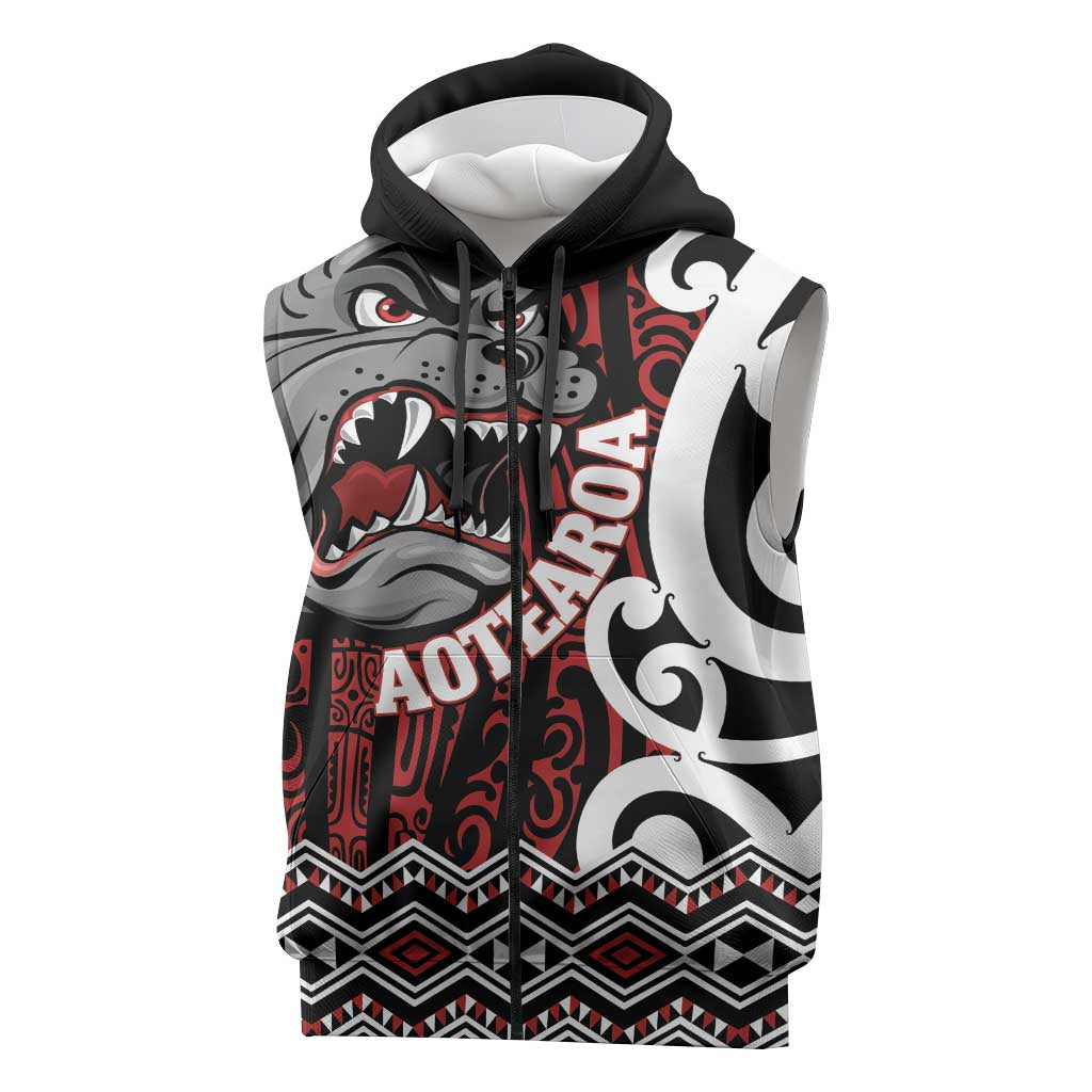Personalised Aotearoa Bulldog Sleeveless Zip Hoodie New Zealand Maori Taniko Art LT14