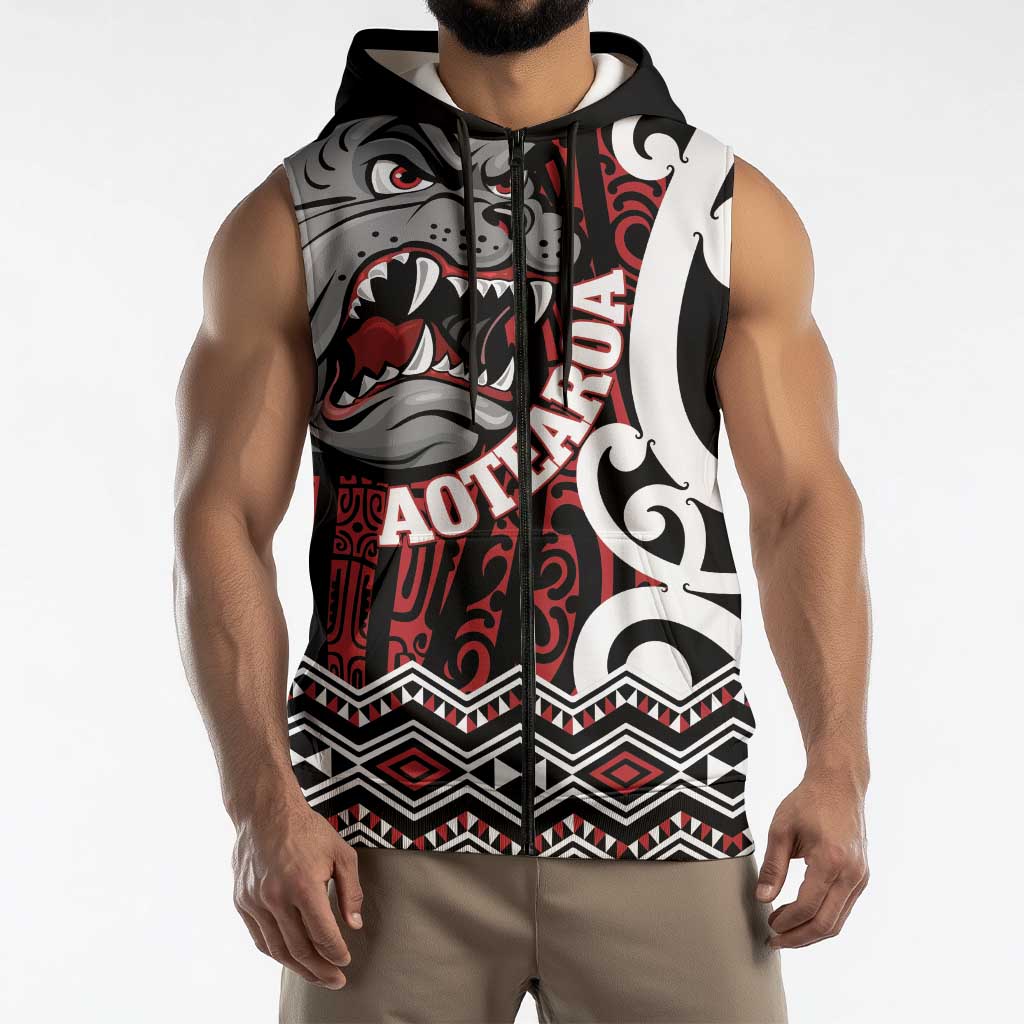 Personalised Aotearoa Bulldog Sleeveless Zip Hoodie New Zealand Maori Taniko Art LT14