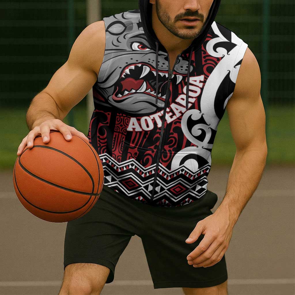 Personalised Aotearoa Bulldog Sleeveless Zip Hoodie New Zealand Maori Taniko Art LT14