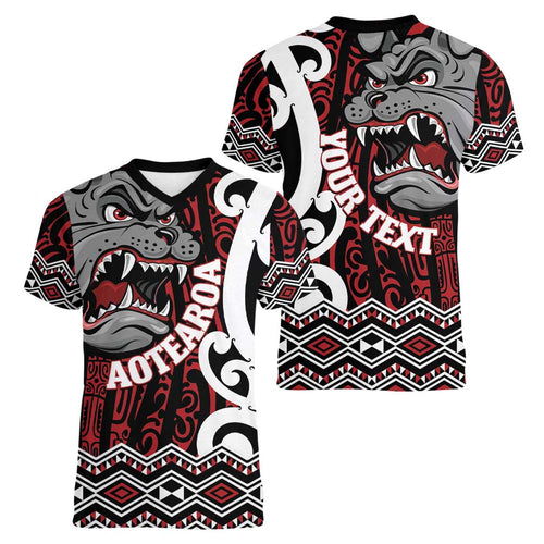 Personalised Aotearoa Bulldog Women V-Neck T-Shirt New Zealand Maori Taniko Art