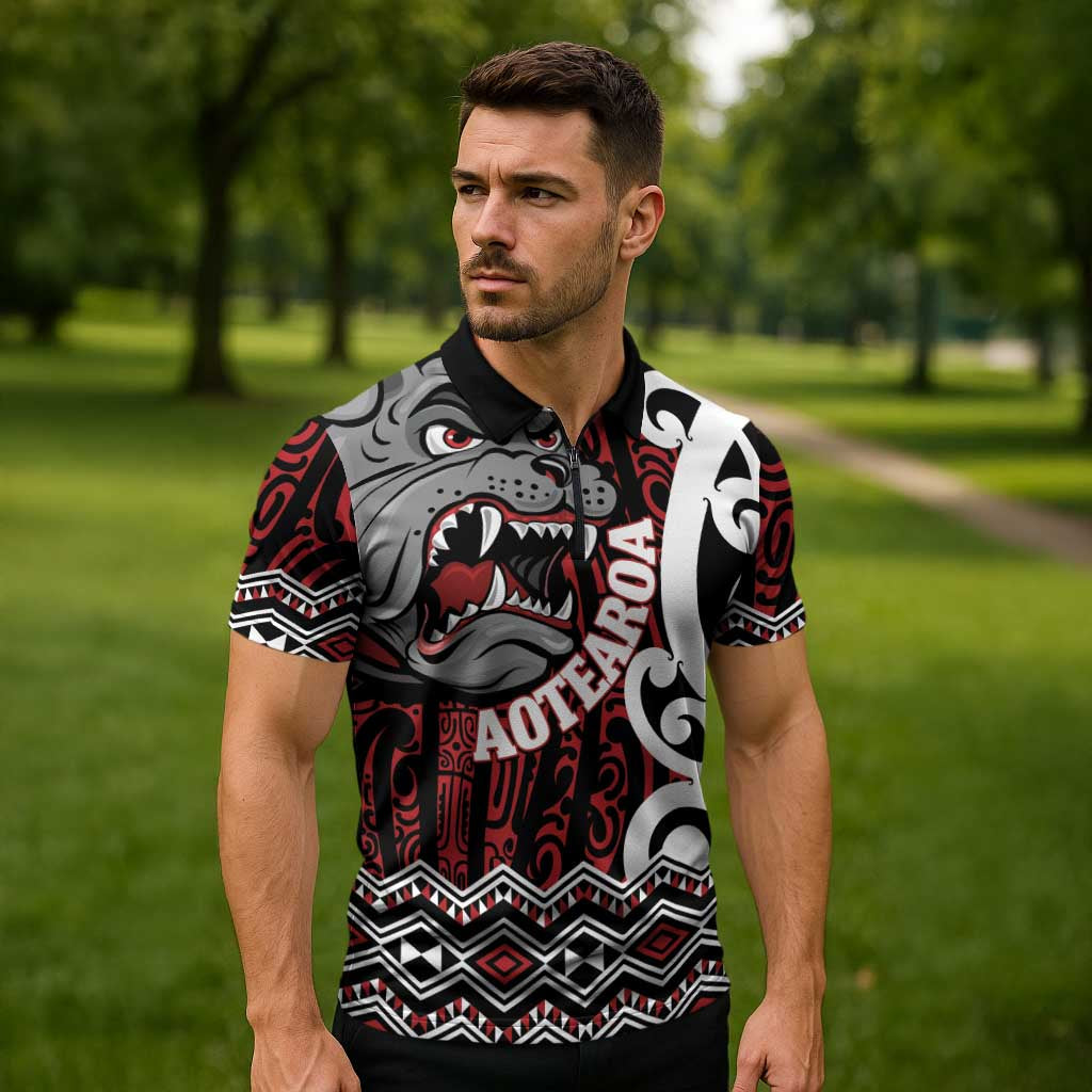 Personalised Aotearoa Bulldog Zipper Polo Shirt New Zealand Maori Taniko Art - Aussie Hoodie