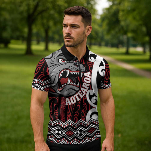 Personalised Aotearoa Bulldog Zipper Polo Shirt New Zealand Maori Taniko Art - Aussie Hoodie