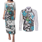 Aotearoa Te Ika-a-Maui Couples Matching Puletasi and Long Sleeve Button Shirt South Island Kekeru Maori Koru