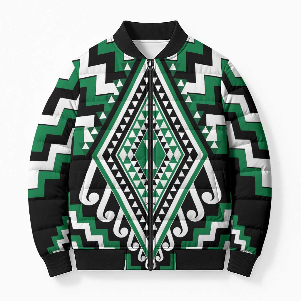 Green New Zealand Taniko Poutama Patikitiki Bomber Puffer Jacket - Aussie Hoodie