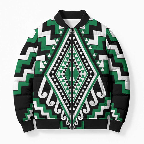 Green New Zealand Taniko Poutama Patikitiki Bomber Puffer Jacket - Aussie Hoodie