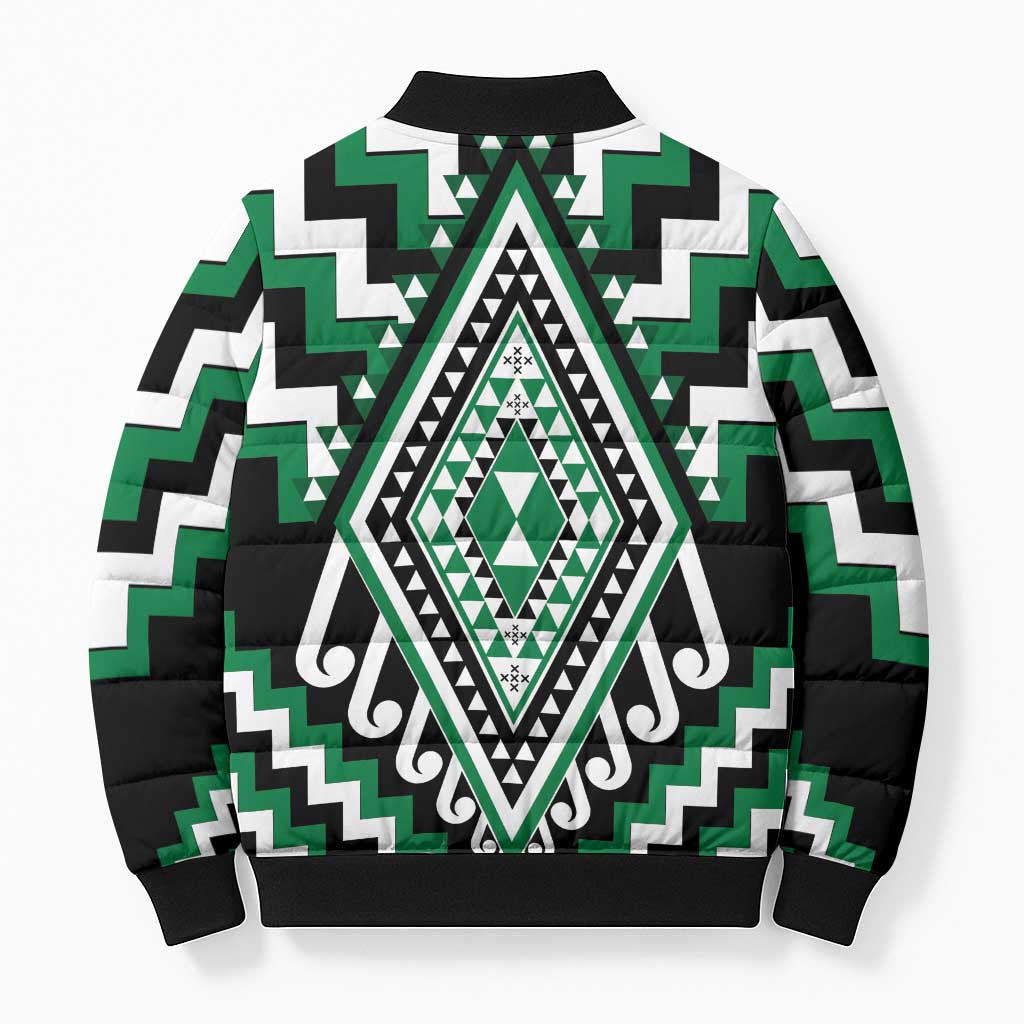 Green New Zealand Taniko Poutama Patikitiki Bomber Puffer Jacket - Aussie Hoodie