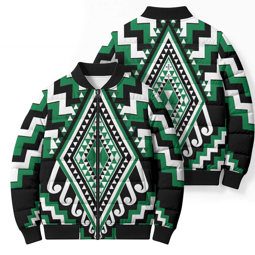 Green New Zealand Taniko Poutama Patikitiki Bomber Puffer Jacket - Aussie Hoodie