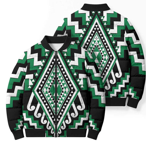 Green New Zealand Taniko Poutama Patikitiki Bomber Puffer Jacket - Aussie Hoodie