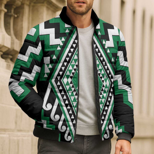 Green New Zealand Taniko Poutama Patikitiki Bomber Puffer Jacket - Aussie Hoodie