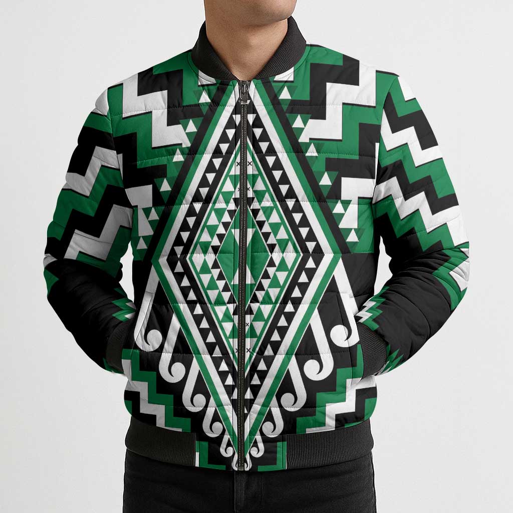 Green New Zealand Taniko Poutama Patikitiki Bomber Puffer Jacket - Aussie Hoodie