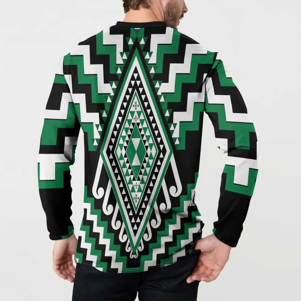 Green Aotearoa Taniko Poutama Patikitiki Button Sweatshirt