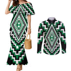 Green Aotearoa Taniko Poutama Patikitiki Couples Matching Mermaid Dress and Long Sleeve Button Shirt