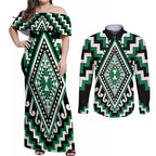 Green Aotearoa Taniko Poutama Patikitiki Couples Matching Off Shoulder Maxi Dress and Long Sleeve Button Shirt