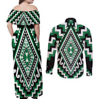 Green Aotearoa Taniko Poutama Patikitiki Couples Matching Off Shoulder Maxi Dress and Long Sleeve Button Shirt