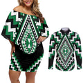 Green Aotearoa Taniko Poutama Patikitiki Couples Matching Off Shoulder Short Dress and Long Sleeve Button Shirt
