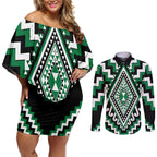 Green Aotearoa Taniko Poutama Patikitiki Couples Matching Off Shoulder Short Dress and Long Sleeve Button Shirt
