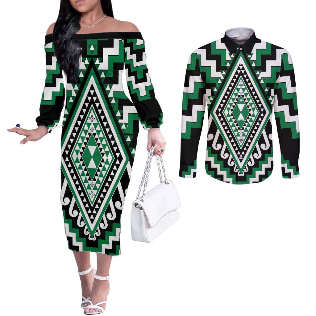 Green Aotearoa Taniko Poutama Patikitiki Couples Matching Off The Shoulder Long Sleeve Dress and Long Sleeve Button Shirt
