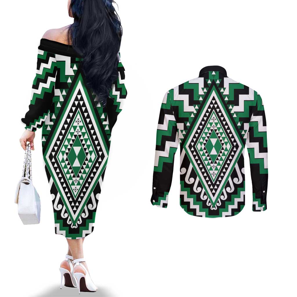 Green Aotearoa Taniko Poutama Patikitiki Couples Matching Off The Shoulder Long Sleeve Dress and Long Sleeve Button Shirt