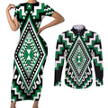 Green Aotearoa Taniko Poutama Patikitiki Couples Matching Short Sleeve Bodycon Dress and Long Sleeve Button Shirt