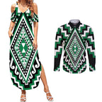 Green Aotearoa Taniko Poutama Patikitiki Couples Matching Summer Maxi Dress and Long Sleeve Button Shirt