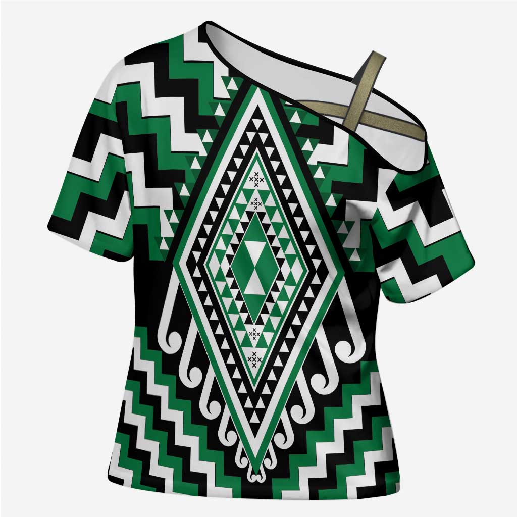 Green New Zealand Taniko Poutama Patikitiki Cross Shoulder Shirt - Aussie Hoodie