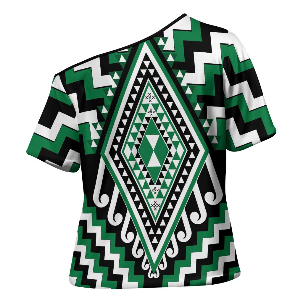Green New Zealand Taniko Poutama Patikitiki Cross Shoulder Shirt - Aussie Hoodie