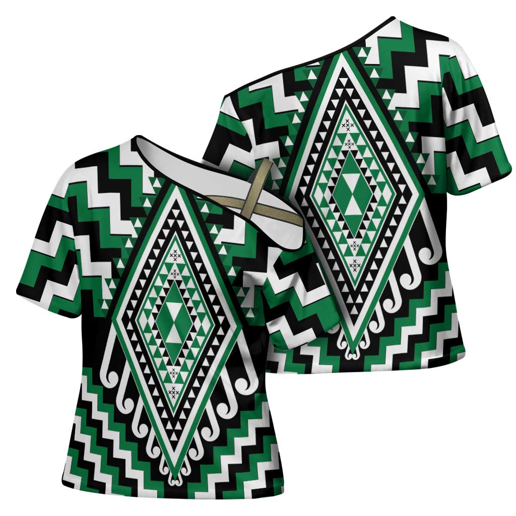 Green New Zealand Taniko Poutama Patikitiki Cross Shoulder Shirt - Aussie Hoodie