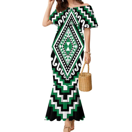 Green Aotearoa Taniko Poutama Patikitiki Family Matching Mermaid Dress and Hawaiian Shirt
