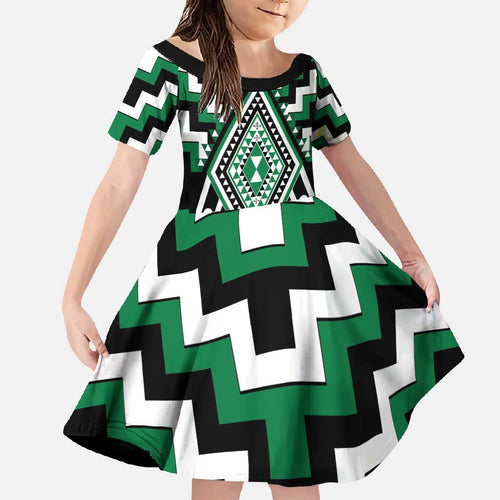 Green Aotearoa Taniko Poutama Patikitiki Family Matching Off Shoulder Maxi Dress and Hawaiian Shirt