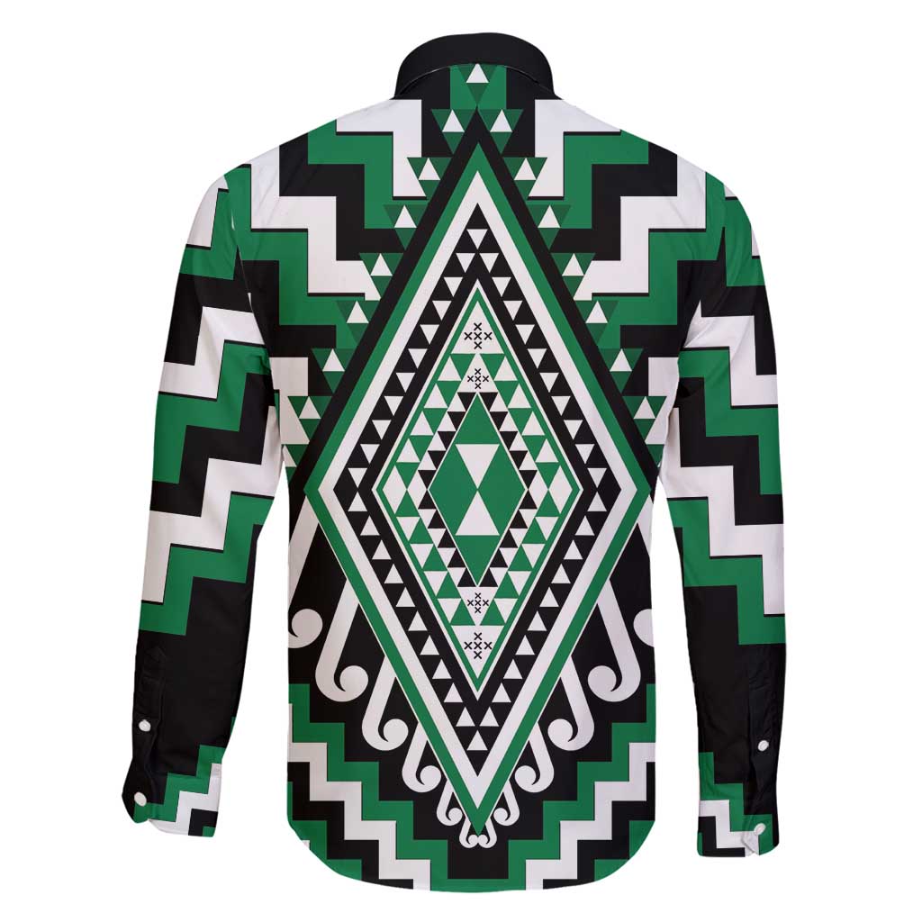 Green Aotearoa Taniko Poutama Patikitiki Family Matching Off Shoulder Maxi Dress and Hawaiian Shirt