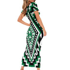 Green Aotearoa Taniko Poutama Patikitiki Family Matching Short Sleeve Bodycon Dress and Hawaiian Shirt