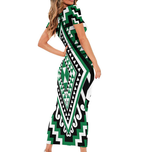 Green Aotearoa Taniko Poutama Patikitiki Family Matching Short Sleeve Bodycon Dress and Hawaiian Shirt