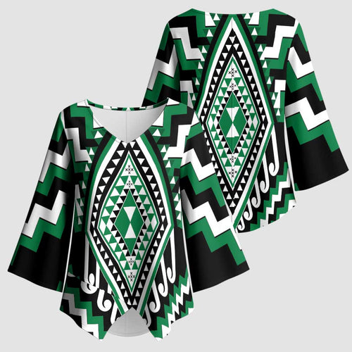 Green New Zealand Taniko Poutama Patikitiki Kimono Sleeve Blouse - Aussie Hoodie