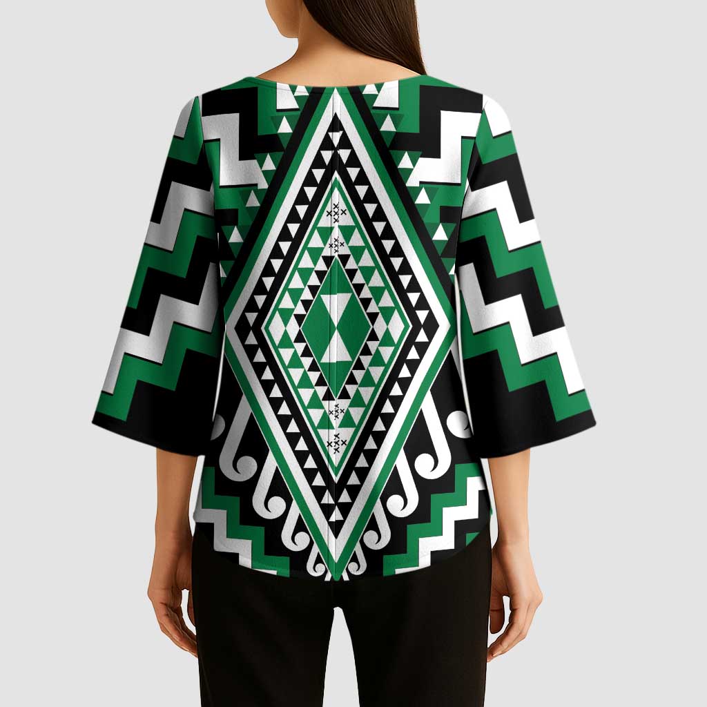 Green New Zealand Taniko Poutama Patikitiki Kimono Sleeve Blouse - Aussie Hoodie